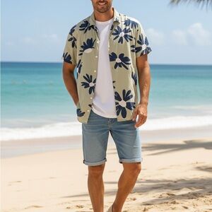 Original Use Beige and Navy Floral Casual Button Down Shirt